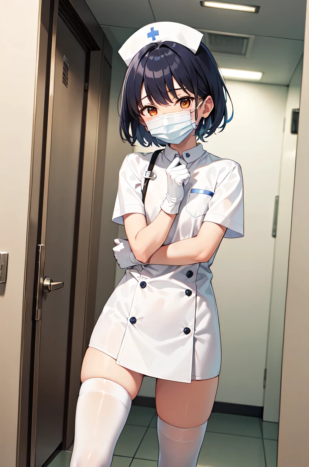 1boy, solo, male focus, nurse, white nurse cap, white nurse uniform, ((white legwear, zettai ryouiki)), white gloves, bobcut, blue hair, orange eyes, ((white surgical mask, covered nose)), standing, ((hospital room)), sharp outline, short sleeves, shota, 12 years old, best quality, masterpiece