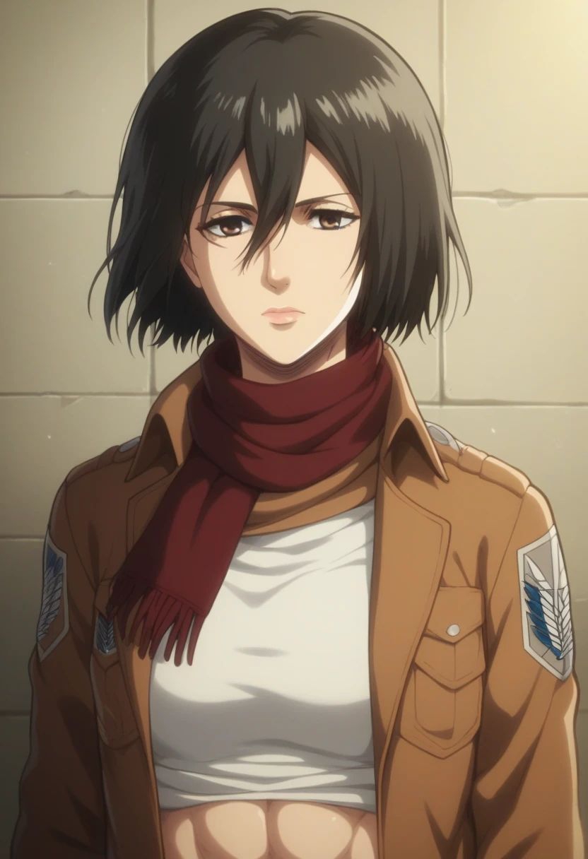 1girl, solo, looking at viewer, short hair, bangs, shirt, black hair, hair between eyes, brown eyes, closed mouth, jacket, white shirt, upper body, , scarf, open jacket, lips, wind, red scarf, brown jacket, nose, emblem, paradis military uniform, survey corps (emblem), mikasa ackerman, room, upper body, navel, abs, shirt lift
