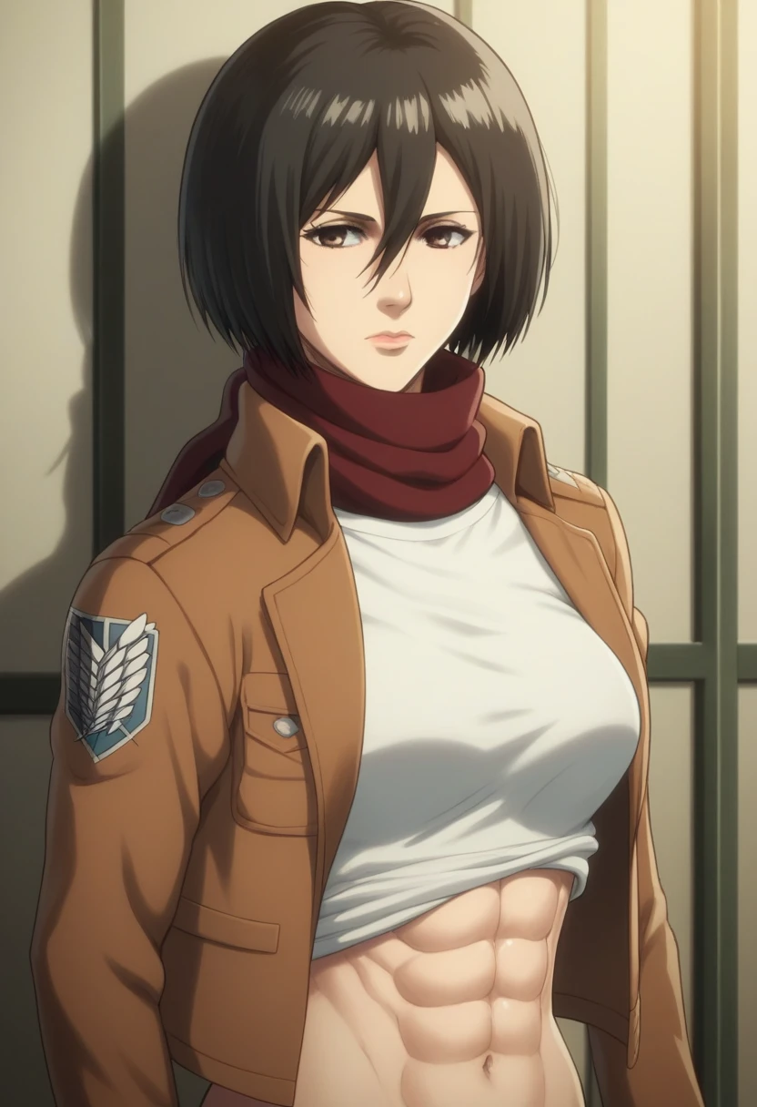 1girl, solo, looking at viewer, short hair, bangs, shirt, black hair, hair between eyes, brown eyes, closed mouth, jacket, white shirt, upper body, , scarf, open jacket, lips, wind, red scarf, brown jacket, nose, emblem, paradis military uniform, survey corps (emblem), mikasa ackerman, room, upper body, navel, abs, shirt lift
