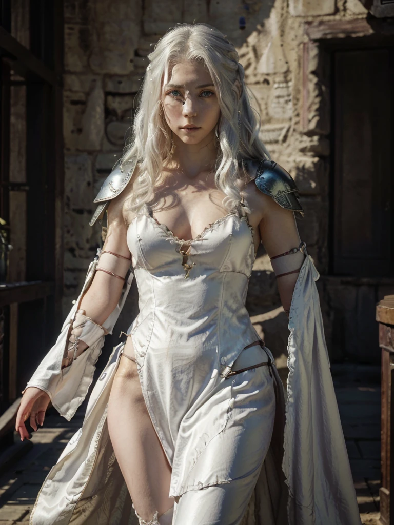 16 year old girl with white hair, porcelain white leather, slightly ashy straight hair,Red eyes, kind look, dark fantasy character design, in armor, epic exquisite character art, dark fantasy art, full review, amazing character art. dressed as an adventurer, elegant clothes.a high resolution, Red eyes, 