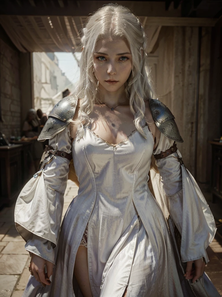 16 year old girl with white hair, porcelain white leather, slightly ashy straight hair,Red eyes, kind look, dark fantasy character design, in armor, epic exquisite character art, dark fantasy art, full review, amazing character art. dressed as an adventurer, elegant clothes.a high resolution, Red eyes,