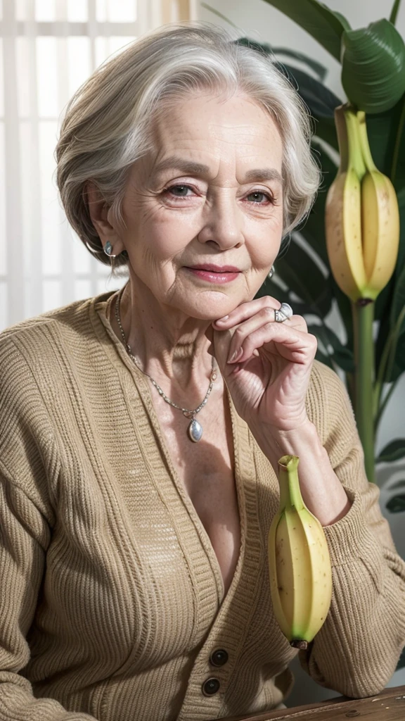 Create an artistic image that celebrates beauty, the grace and dignity of 80-year-old women. The image should highlight your elegance and wisdom, conveying a sense of respect and appreciation for old age. and she has to be holding a banana