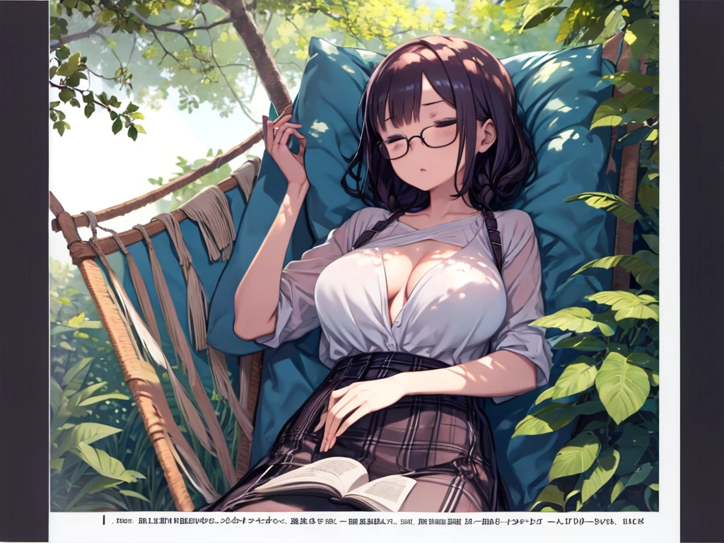 One Woman、Big Breasts、Sleeping in a hammock、Outdoor、Sunlight filtering through the trees、Glasses、With an open book、