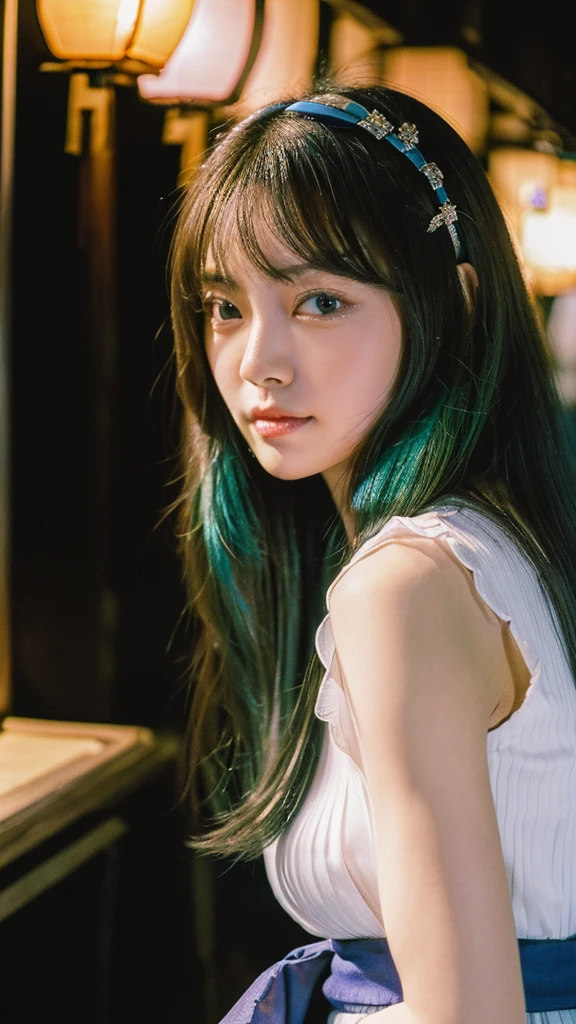 (((Masterpiece: 1.5, best quality, high resolution: 1.3, Super resolution, Superb details, Superb details: 1.3, rich background: 1.2))), 1 woman, alone, green eyes, Long pink hair with blue ribbon, smooth, blunt, Cute Hairpin, , Seraphon white, red sailor collar, short sleeve, blue pleated skirt, (in the air), ((downtown), (crowd), ((Japanese atmosphere: 1.3)), terrain, ((nighttime)), darkness, (low beam: 1.1), moon, (moonlight: 1.2), ((dynamic light: 1.4)), ((head close up))))))