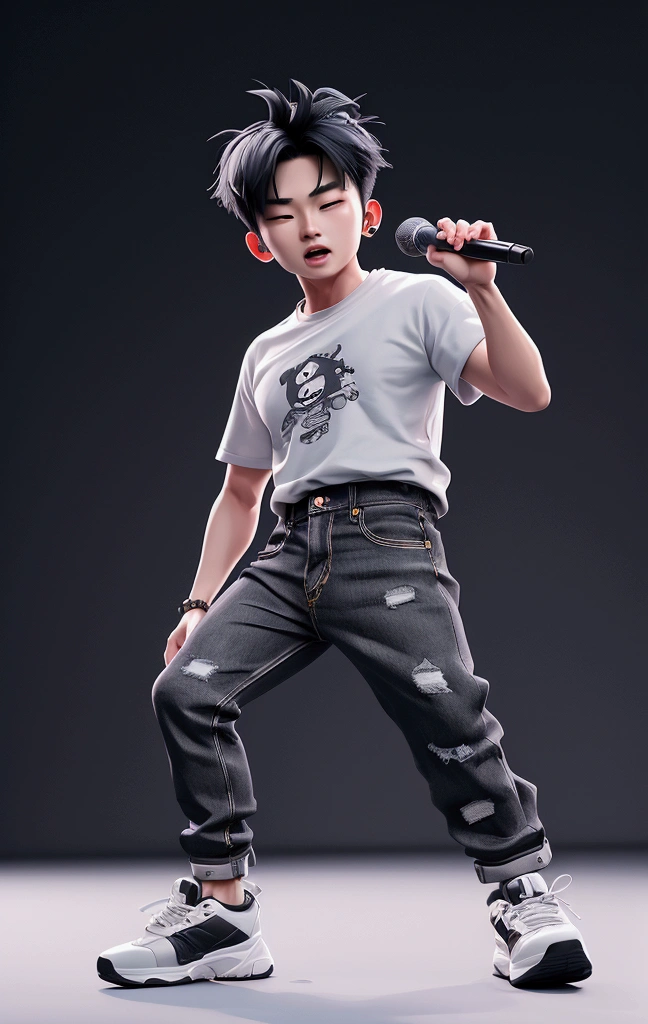 chibi, niji, a man standing on a stage , performing on stage, eric chou, wear grey t shirt, wear black denim pant, white sport shoe