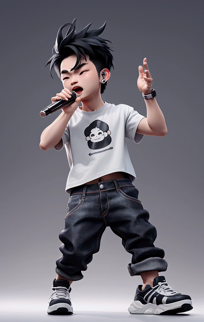 chibi, niji, a man standing on a stage , performing on stage, eric chou, wear grey t shirt, wear black denim pant, white sport shoe
