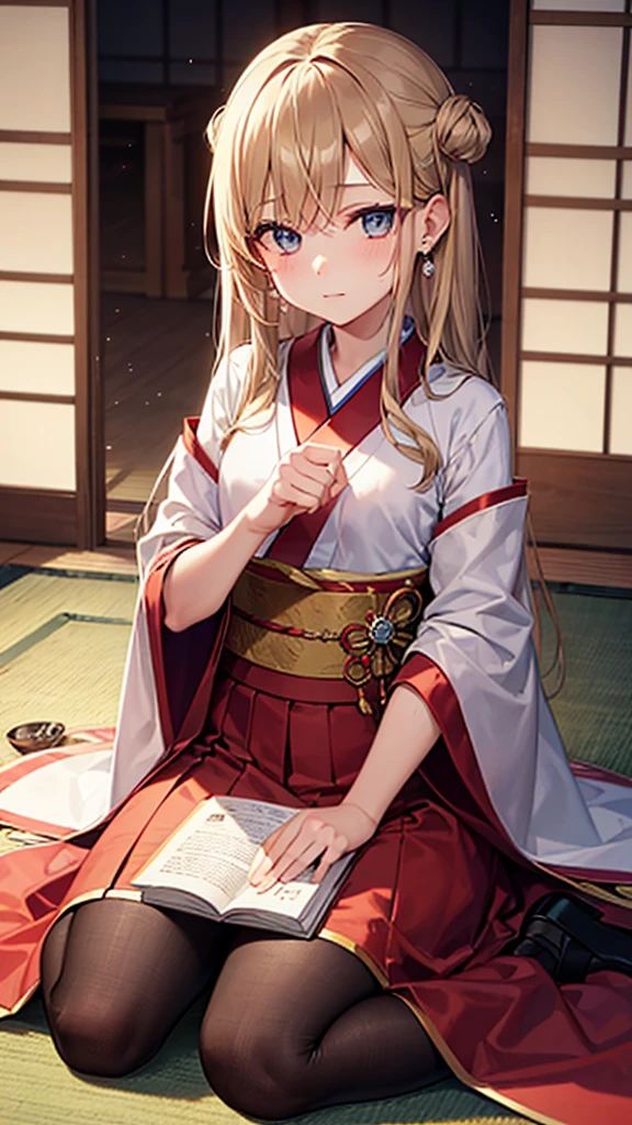 (masterpiece, best quality:1.3), 1 girl, solo, teenager,(top quality eyes:1.3),A 15-year-old girl with dark blonde hair is sitting in a traditional Japanese room at home, seated in a "wariza" pose. Behind her, beautiful shoji screens add to the serene ambiance. Her eyes are a deep blue, and small pearl earrings glisten on her ears. She has a calm expression, relaxing with her favorite tea set in front of her.