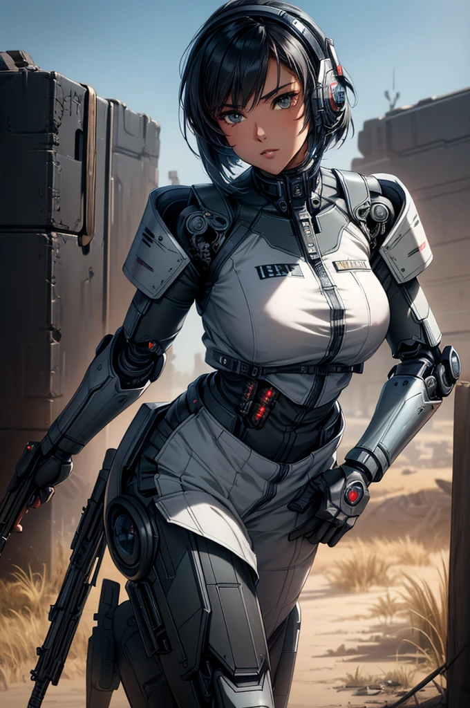 Close-up of a woman with a gun in a field, Mechanized Valkyrie Girl, Mechanized Soldier Girl, Black dieselpunk policewoman, Epic sci-fi character art, Girl wearing mecha cyber armor, Cyberpunk Anime Girl Mecha, Epic sci-fi character art, Epic sci-fi character art, Wearing sci-fi military armor