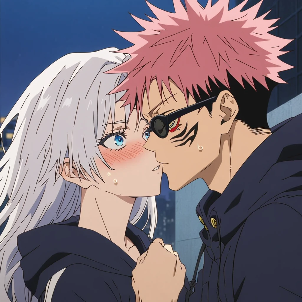(1boy, gojo satoru, White hair, blue eyes, wearing sunglasses), (1girl, pink_hair, blush, red_eyes, tattoo), long_hair, itadori_yuuji, hood, long_hair, ryoumen_sukuna_(jujutsu_kaisen), night, facial_tattoo, hoodie, upper_body, jacket, extra_eyes, hood_down, black_jacket, imminent_kiss, kiss, looking_at_another, facial_mark, freckles, sweatdrop, bangs, multicolored_hair, blue_eyes, clothes_grab, surprised, ((anime screen cap)) ((jujutsu kaisen screen cap)) ((jujutsu kaisen anime art style))