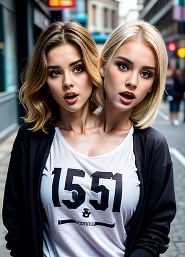 best resolution, 2 heads, two different people become conjoined, different heads, different hair colors, different hair styles, ((blonde hair)), (brunette hair)), 25 years old, cute, sexy, angry, two heads arguing with each other, fused clothes, tshirt and jacket