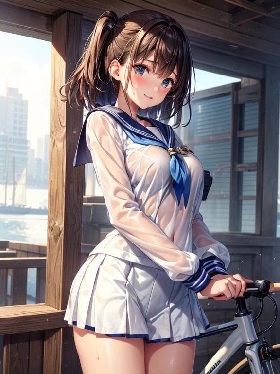 woman,20-year-old,(((Sailor suit))),smile, (See through),blush,(Wet with sweat),Reflecting the buttocks,(((ride a bicycle))),((skirt)), ((skirtは風でめくれている)), （White panties:1.2）、 Beautiful big , Slender body, Highest quality, High resolution, Highly detailed face, Perfect lighting, Highly detailed CG, (Perfect hands, Perfect Anatomy)
