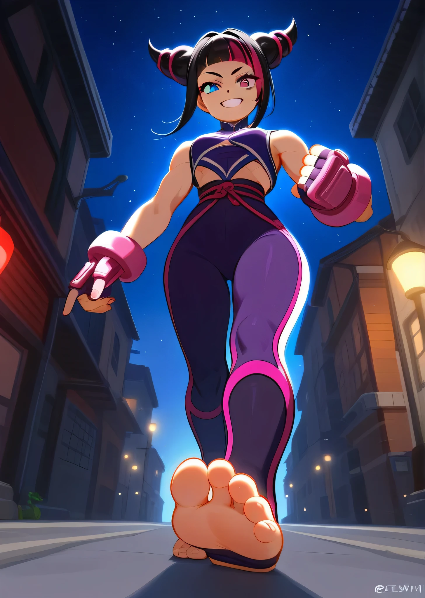 [juri], [SFVI], [street fighter 6], ((masterpiece)), ((HD)), ((high res)), ((solo portrait)), ((waist up)), ((low angle view)), ((foot focus)), ((detailed shading)), ((cinematic lighting)), {(athletic figure), (short black hair), (two-toned hair), (pink highlights in hair), [hair horns], (cute purple eye), (cute cyan eye), (heterochromia), (short eyelashes), (small breasts), (toned figure), (curvy hips), (cute soft feet), (devilish grin)}, {(street fighter 6 outfit), (purple fingerless gloves), (toeless stirrup socks)}, {(walking), (looking at viewer)}, [ambient lighting, alley, starry sky, light rays]