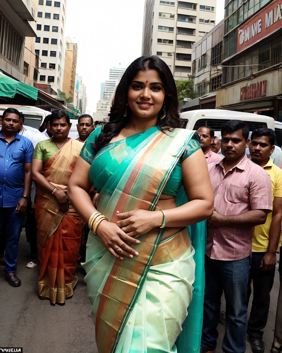 A beautiful gorgeous plump Indian 45-year-old woman wearing a saree, huge breasts, hot body curves, smiley face, white skin, standing on market, lots of men standing behind her