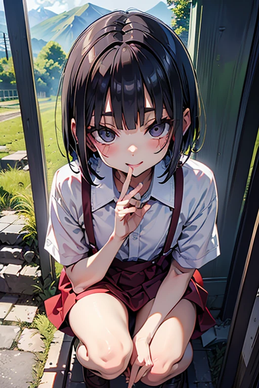 echo-san,
dress shirt,
red suspender skirt,
bob cut,
black hair,
short sleeve,
squat,　smile,　Open your mouth,　Put your hand on your cheek,
Roadside in the countryside,In the mountains,Unpopular place,Rusty bus stop,Shade,Fresh morning air,Soft sunlight,I can see the mountains,cumulonimbus,
(from above:1.2),((close up head)), Selfie,