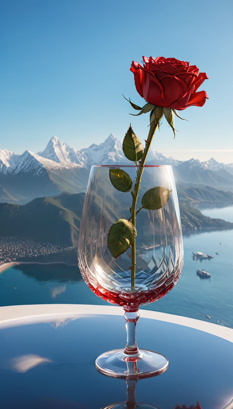 Sunlight in the crystal glass on the seaside, With mountains as a backdrop, Regular classical shaped glass, Open from above, below, Next to the glass, It's a red rose, High-quality photorealistic photography