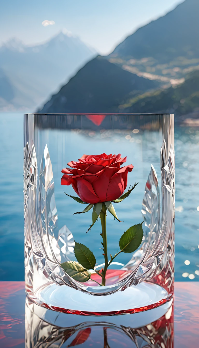 Sunlight in the crystal glass on the seaside, With mountains as a backdrop, Regular classical shaped glass, Open from above, below, Next to the glass, It's a red rose, High-quality photorealistic photography