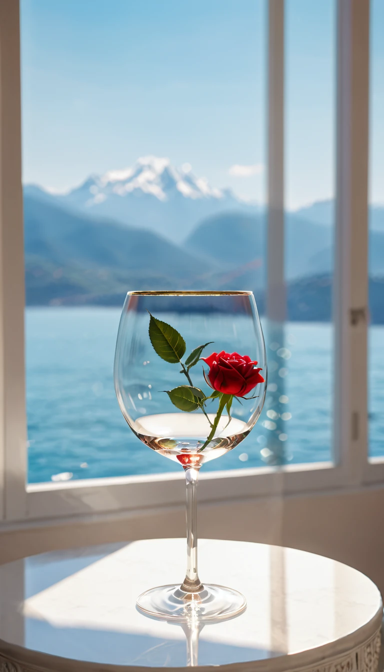 Sunlight in the crystal glass on the seaside, With mountains as a backdrop, Regular classical shaped glass, Open from above, below, Next to the glass, It's a red rose, High-quality photorealistic photography