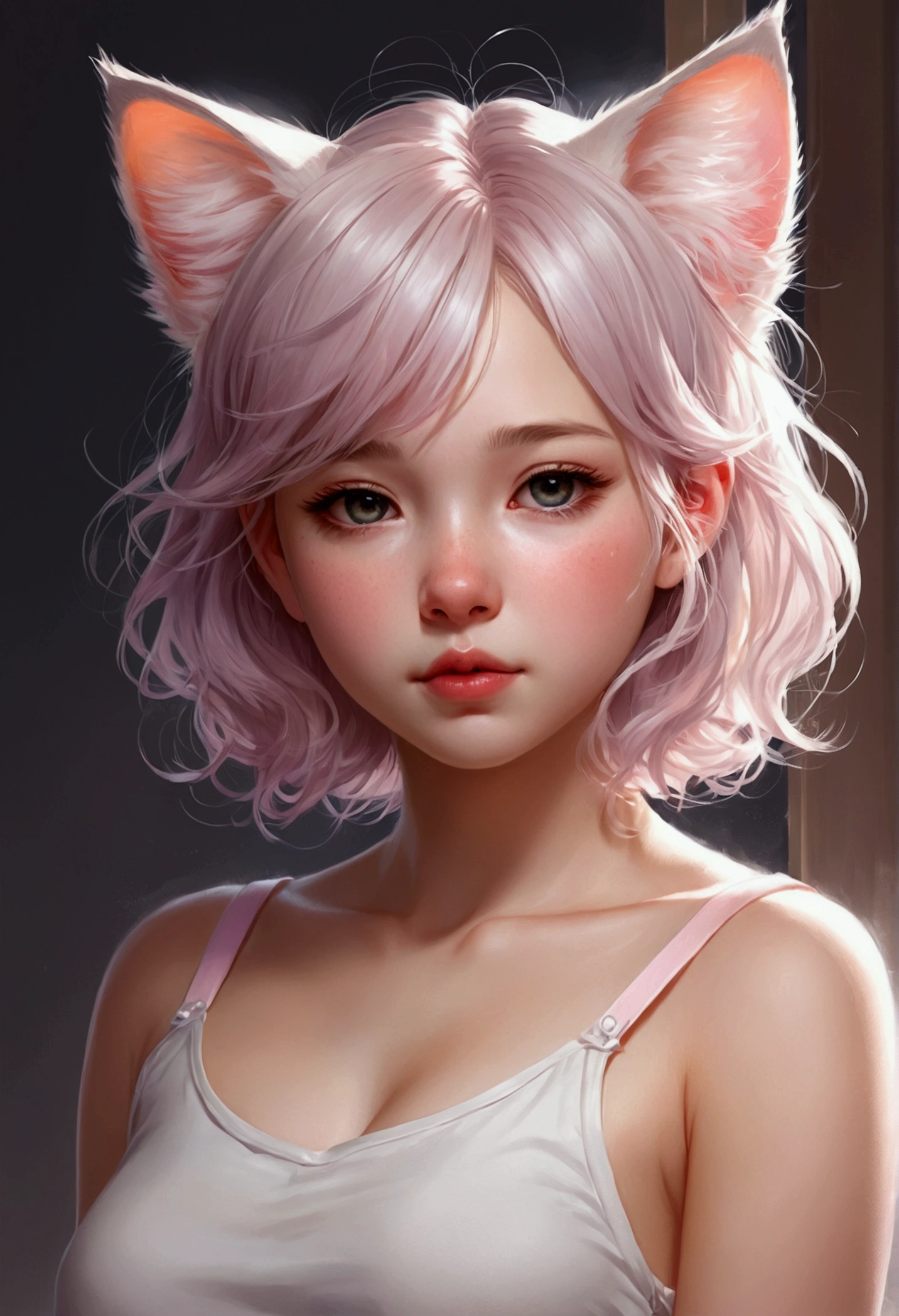 Beautiful little cat ears girl, Volumetric Light, Ultra-realistic, Intricate details, shape, Painting, watercolor, Cute Chibi, Sleep, close your eyes,ah!, Shallow depth of field, Pastel Color Palette, Soft lighting, minimum, Modern, Digital Painting, Lois van Baerle、Ross Tran、Art by artgerm, Artstation HQのトレンド, Very detailed