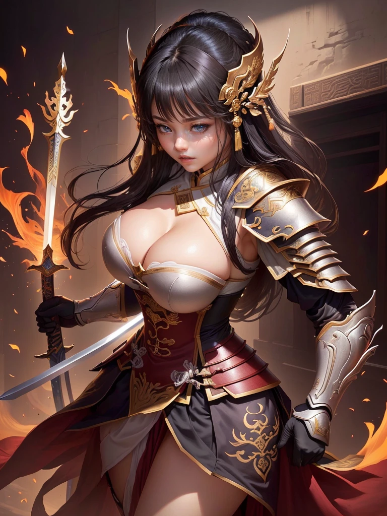 a close up of a woman in armor holding a sword, inspired by Ju Lian, inspired by Li Mei-shu, yun ling, g liulian art style, by Yang J, bian lian, xianxia hero, inspired by Pu Hua, inspired by Guo Chun, by Qu Leilei, yang qi, inspired by Lan Ying, inspired by Li Tang,  Saggy breasts, Gravity-dependent breasts, long chest, Heavy chest, disproportionate breasts, huge breasts, sagging breasts, gigantic breasts, 怒る, open your mouth ,