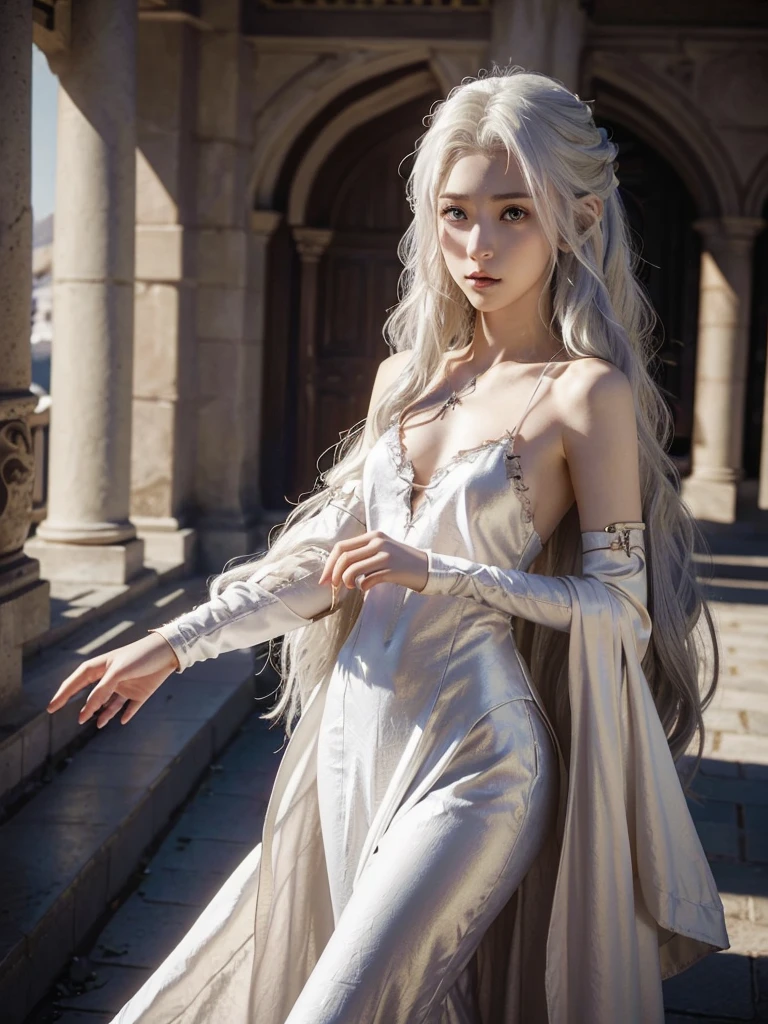  girl with white hair, porcelain white leather, slightly ashy straight hair,Red eyes, kind look, dark fantasy character design, in armor, epic exquisite character art, dark fantasy art, full review, amazing character art. dressed as an adventurer, elegant clothes.a high resolution, Red eyes, Slim and thin hourglass figure.