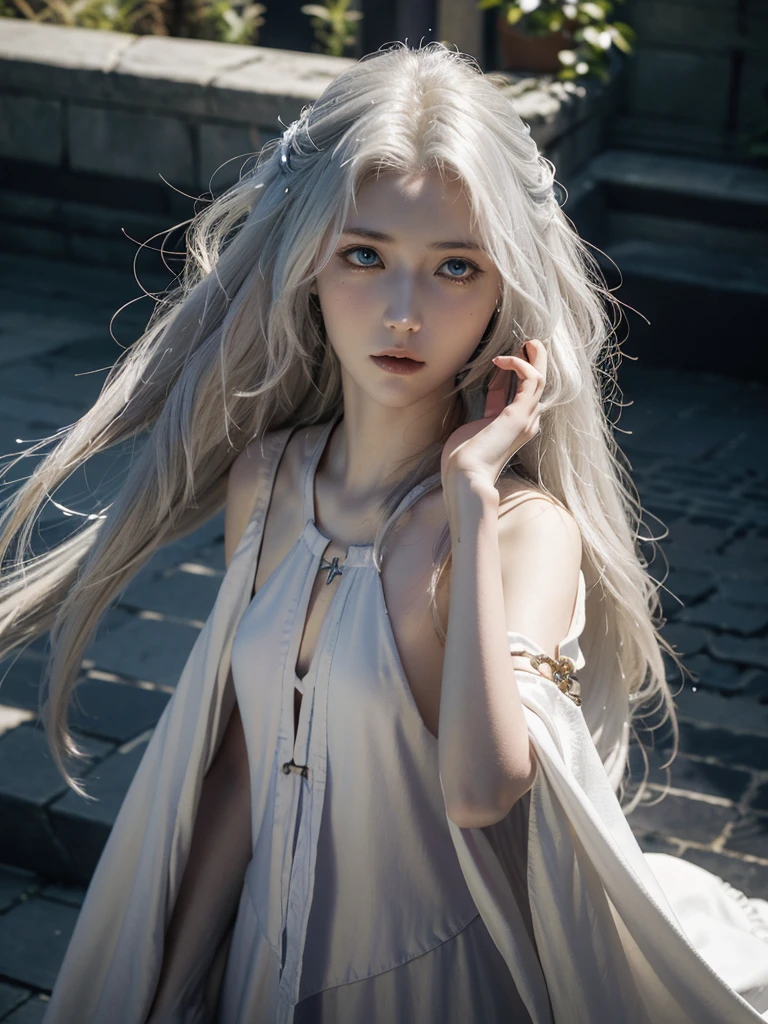  girl with white hair, porcelain white leather, slightly ashy straight hair,Red eyes, kind look, dark fantasy character design, in armor, epic exquisite character art, dark fantasy art, full review, amazing character art. dressed as an adventurer, elegant clothes.a high resolution, Red eyes, Slim and thin hourglass figure.