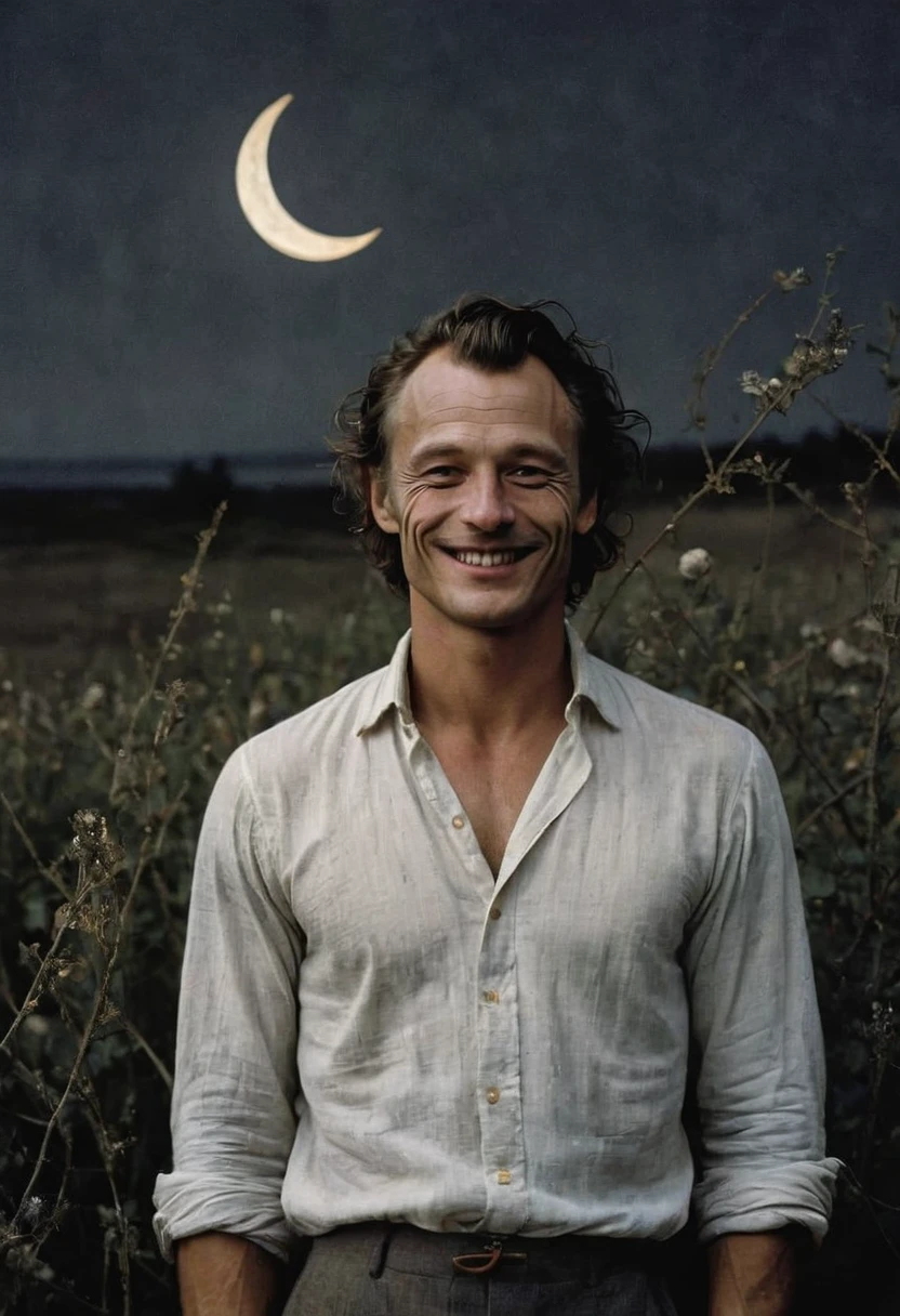 This is Andrew Wyeth - The Art of Andrew Wyeth - with a muted floral palette and dry brush technique creating a feeling of calm. (animation. perfect body anatomy. Joker smiling at the camera, tied to a crescent moon, night, Romance, fairytale background) (minimalism: 1 ) . Dietary composition, ideal body anatomy.
