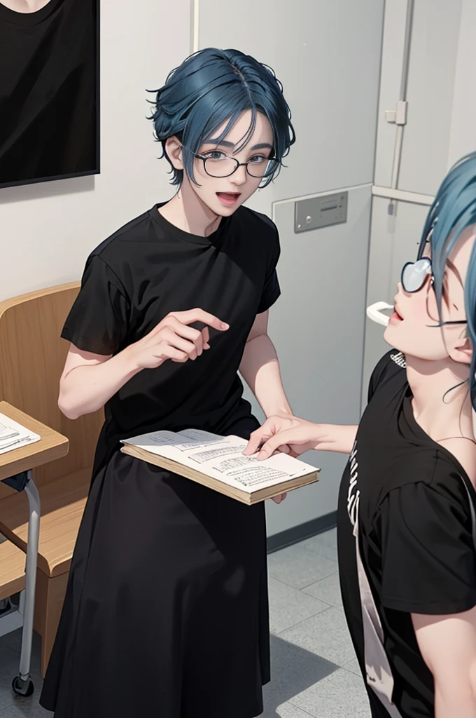 1 boy, Ages 5-6 ,alone, sit (looking at the audience), (black shirt:1.5), long skirt ,Stylish clothes for men, children with glasses /(blue hair/) worried face, open mouth (A masterpiece of the best quality.:1.2) , Delicate illustrations, Special details, (hospital examination room) In the building, Detailed background of the table, smile