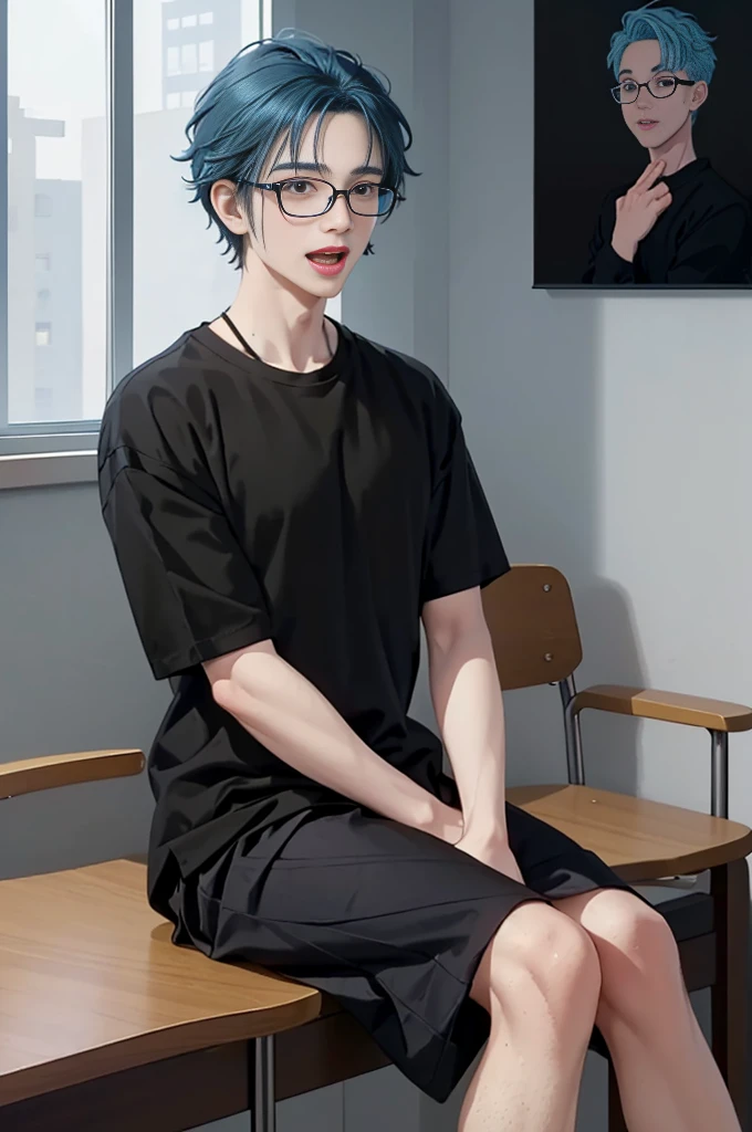 1 boy, Ages 5-6 ,alone, sit (looking at the audience), (black shirt:1.5), long skirt ,Stylish clothes for men, children with glasses /(blue hair/) worried face, open mouth (A masterpiece of the best quality.:1.2) , Delicate illustrations, Special details, (hospital examination room) In the building, Detailed background of the table, smile