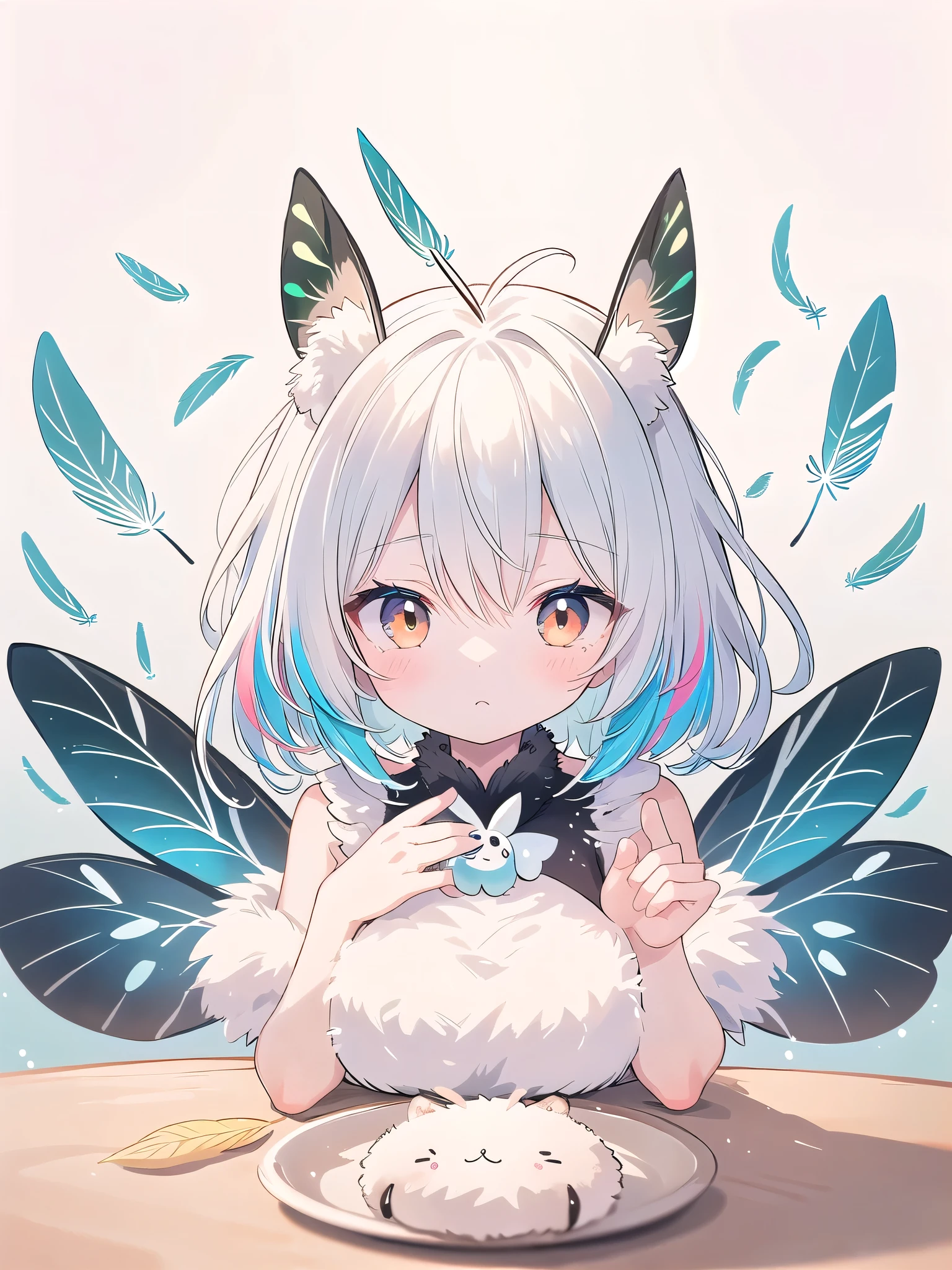 mothgirlcpt, moth antennae, moth wings, 独奏, 1girl, drooping tactile sensation、cute、fluffy、Light production、Silkworm moth,((beautiful feathers)),Colorful background