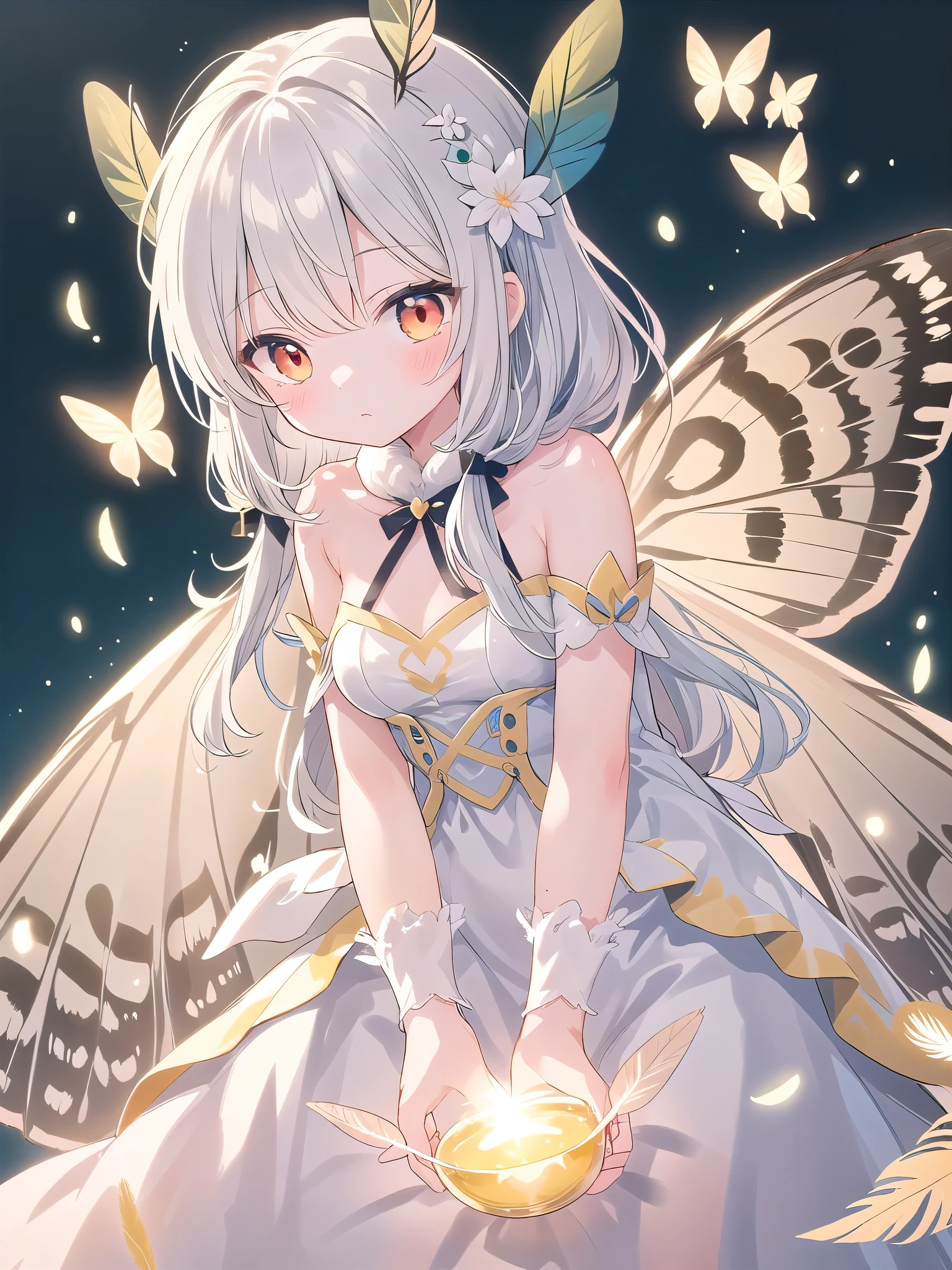 mothgirlcpt, moth antennae, moth wings, 独奏, 1girl, drooping tactile sensation、cute、fluffy、Light production、Silkworm moth,((beautiful feathers)),Colorful background