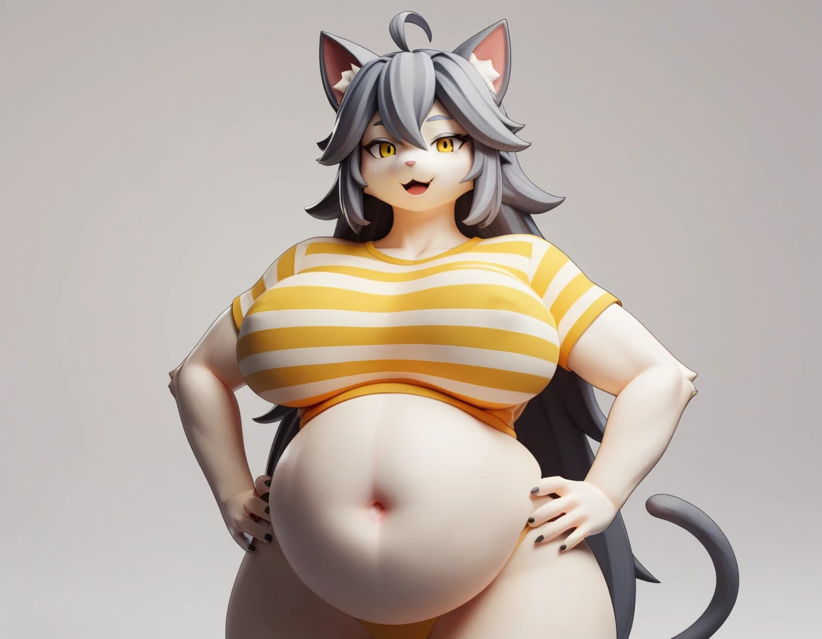 furry,:3,open mouth,cat ears,grey hair,ahoge,white_fur,blue and yellow striped shirt,big breasts,curvy, big belly,standing,hands on hips,looking at viewer,cartoonized,white_background,Temmie,(3d \(artwork\):1.15),blender \(software\),{sharp focus|soft focus},ray tracing,(unreal engine:1.3),absurd res,
