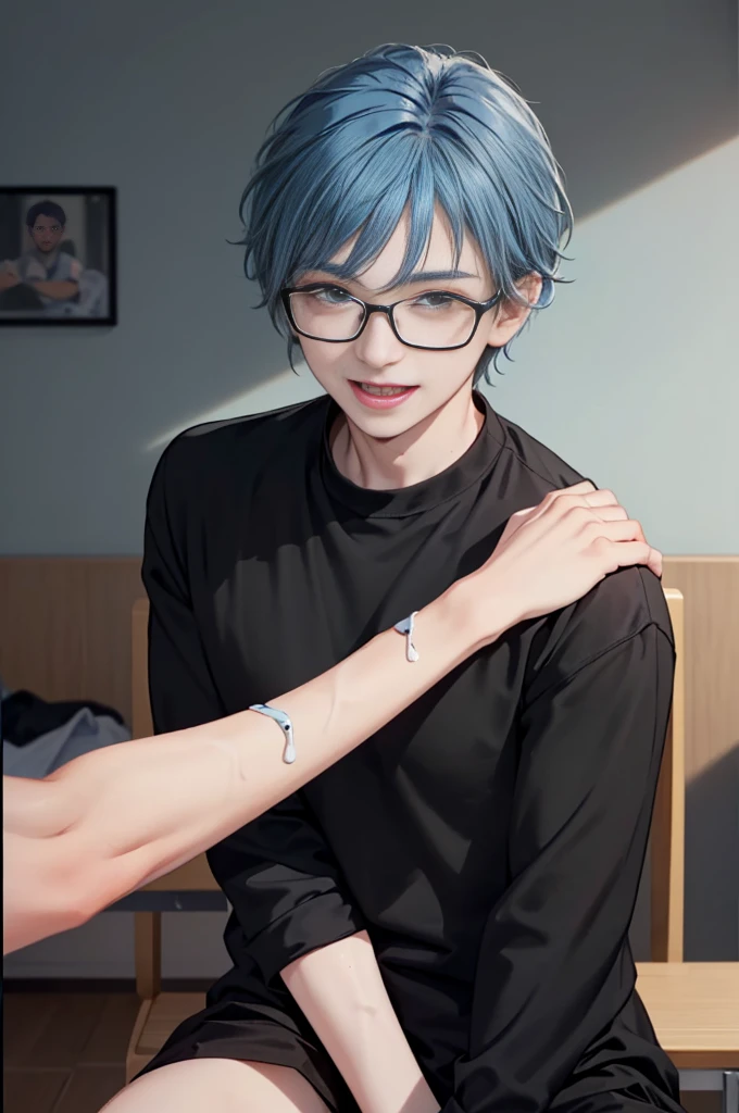 1 boy, Ages 5-6 ,alone, sit (looking at the audience), (black shirt:1.5), long skirt ,Stylish clothes for men, children with glasses /(blue hair/) worried face, open mouth (A masterpiece of the best quality.:1.2) , Delicate illustrations, Special details, (hospital examination room) In the building, Detailed background of the table, smile