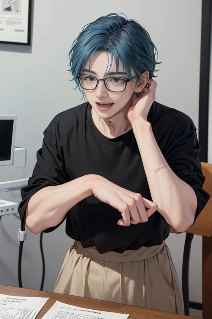 1 boy,  5-6 yeaolo, sitting (Looking at the audience), (black shirt:1.5), long skirt ,Stylish clothes Childish man wearing glasses /(blue hair/) Worried face, open mouth (The best quality masterpiece:1.2) , Delicate illustrations, Special details, (hospital examination room) In the building, desk Detailed background