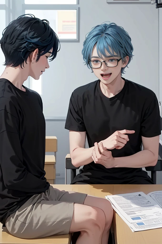 1 boy, Ages 5-6 ,alone, sit (looking at the audience), (black shirt:1.5), long skirt ,Stylish clothes for men, children with glasses /(blue hair/) ใบหน้าที่เป็นworry, open mouth (A masterpiece of the best quality.:1.2) , Delicate illustrations, Special details, (hospital examination room) In the building, Detailed background of the table, worry