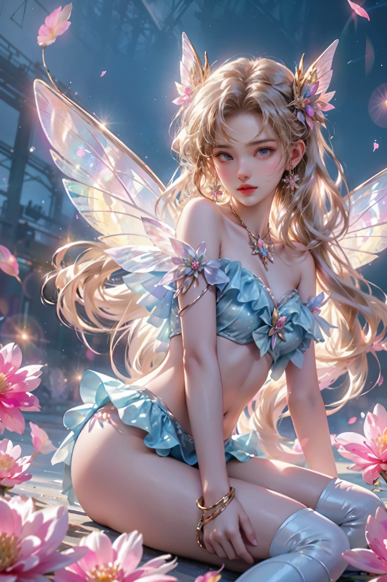 12k 3D HD Hyper Real Style Image Quality AI by CodeFormer 12K Cute and elegant 3D flower fairy This fairy, Latin, Wearing a bikini、With delicate wings that shine like morning dew, Flying from flower to flower. Her hair is a cascade of curls , Decorated with petals and shiny pollen, , The background is lit up with neon lights.,