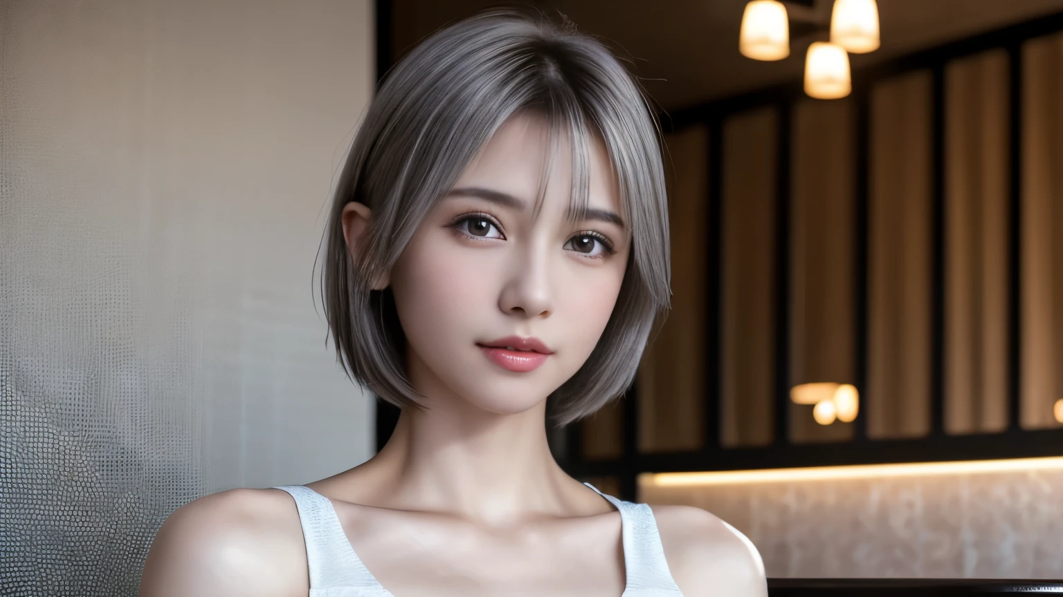 (8k, Realistic, RAW Photos, Highest quality: 1.3), (One Girl), とてもbeautiful, (Realistic Face), (boyish, Silver color very short hair), beautiful , A brilliance that captivates the viewer, beautiful expression, beautiful breasts, (Realistic Skin), beautiful...,　Photographed inside the cafe