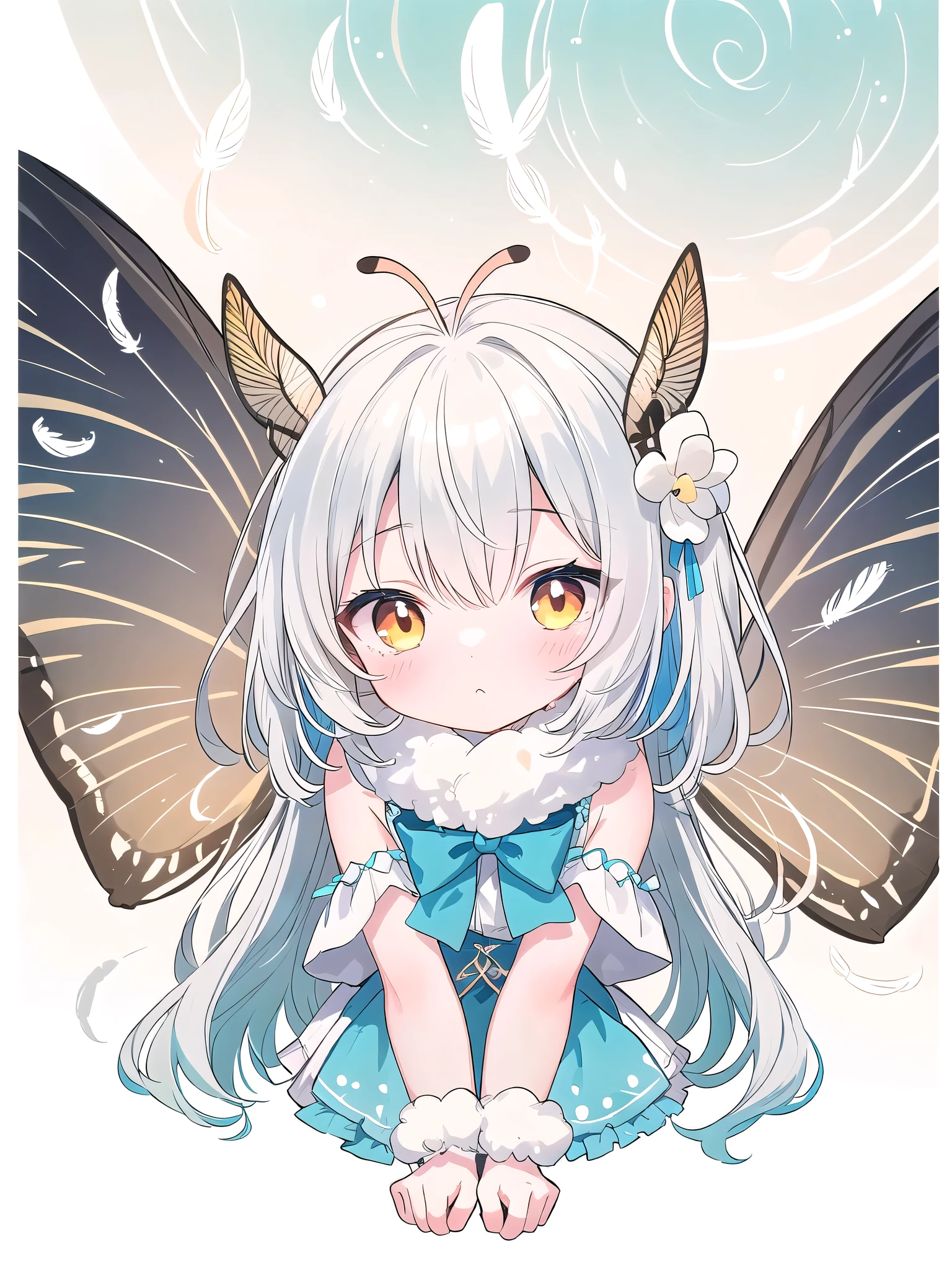 mothgirlcpt, moth antennae, moth wings, 独奏, 1girl, drooping tactile sensation、cute、fluffy、Light production、Silkworm moth,((beautiful feathers)),Colorful background