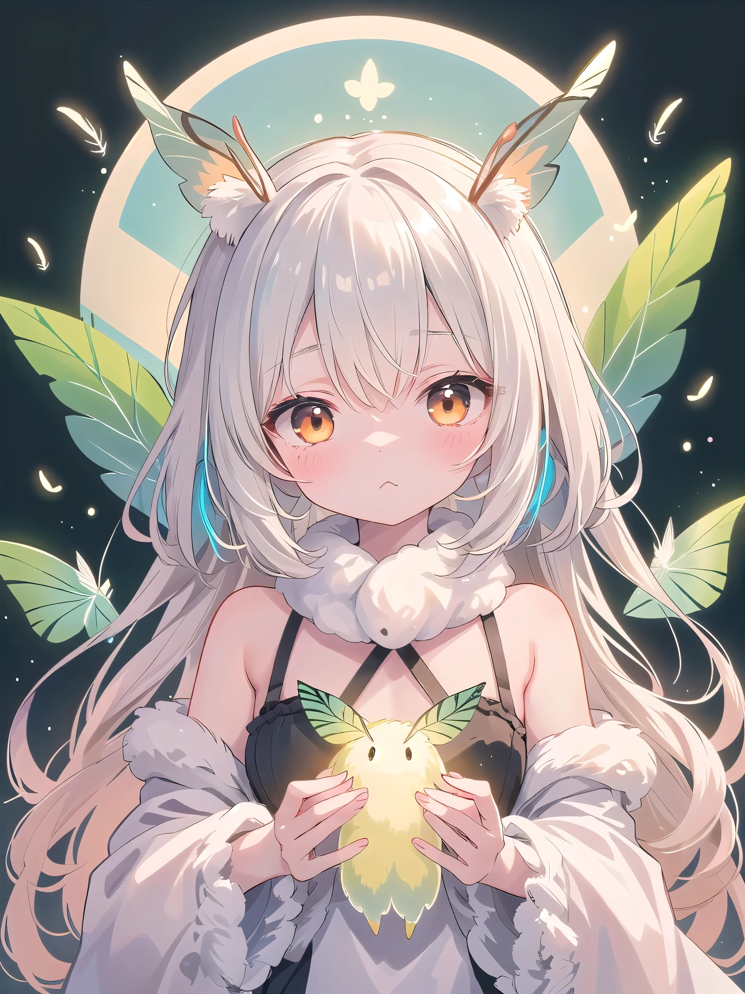 mothgirlcpt, moth antennae, moth wings, 独奏, 1girl, drooping tactile sensation、cute、fluffy、Light production、Silkworm moth,((beautiful feathers)),Colorful background