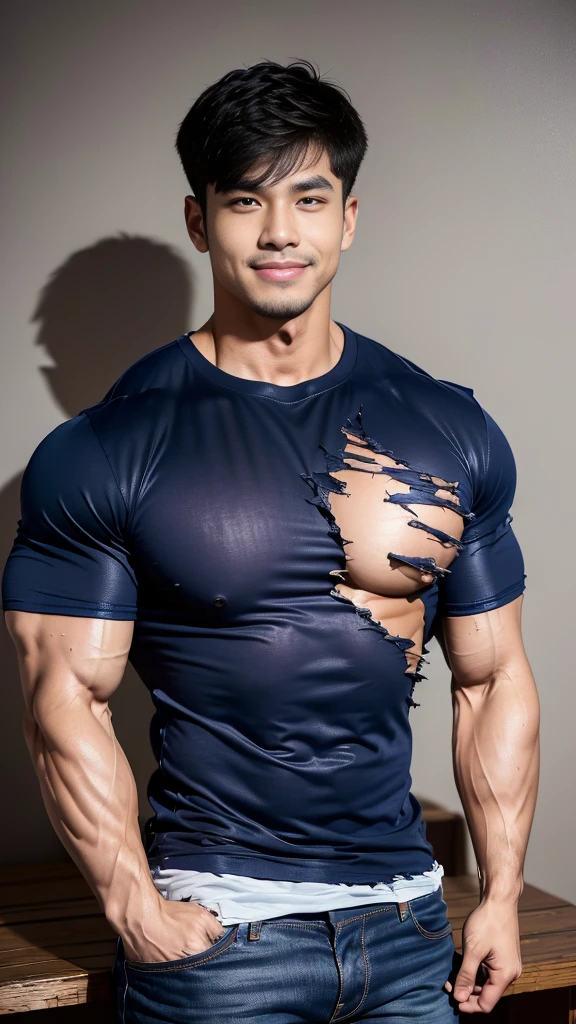 (Create a masterpiece), (CGI art),(realistic), (Sharp focus), korean men 1 คนบาดเจ็บโดนจับมัด, (Wear a navy tight T-shirt.:1.3), jeans, korean men, chest muscles, large arm muscles, blood vessel, big muscles, Broad shoulders, looking at the audience, Balancing eye contact), (Big bulge: 1.4), (Torn shirt: 1.5), (Torn shirtวิ้น: 1.6), (Close your eyes..), (smile: 1.3), (Blood stains.: 1.2) ,Sitting on a table in a dark prison ,chip, His arms were tied with rope.., Hands crossed behind your back..,((Torn injection shirt)), ((Torn shirt)), , Abrasions on the body... ,Abrasions,( blood splatter), Abrasions on the face , dark cave