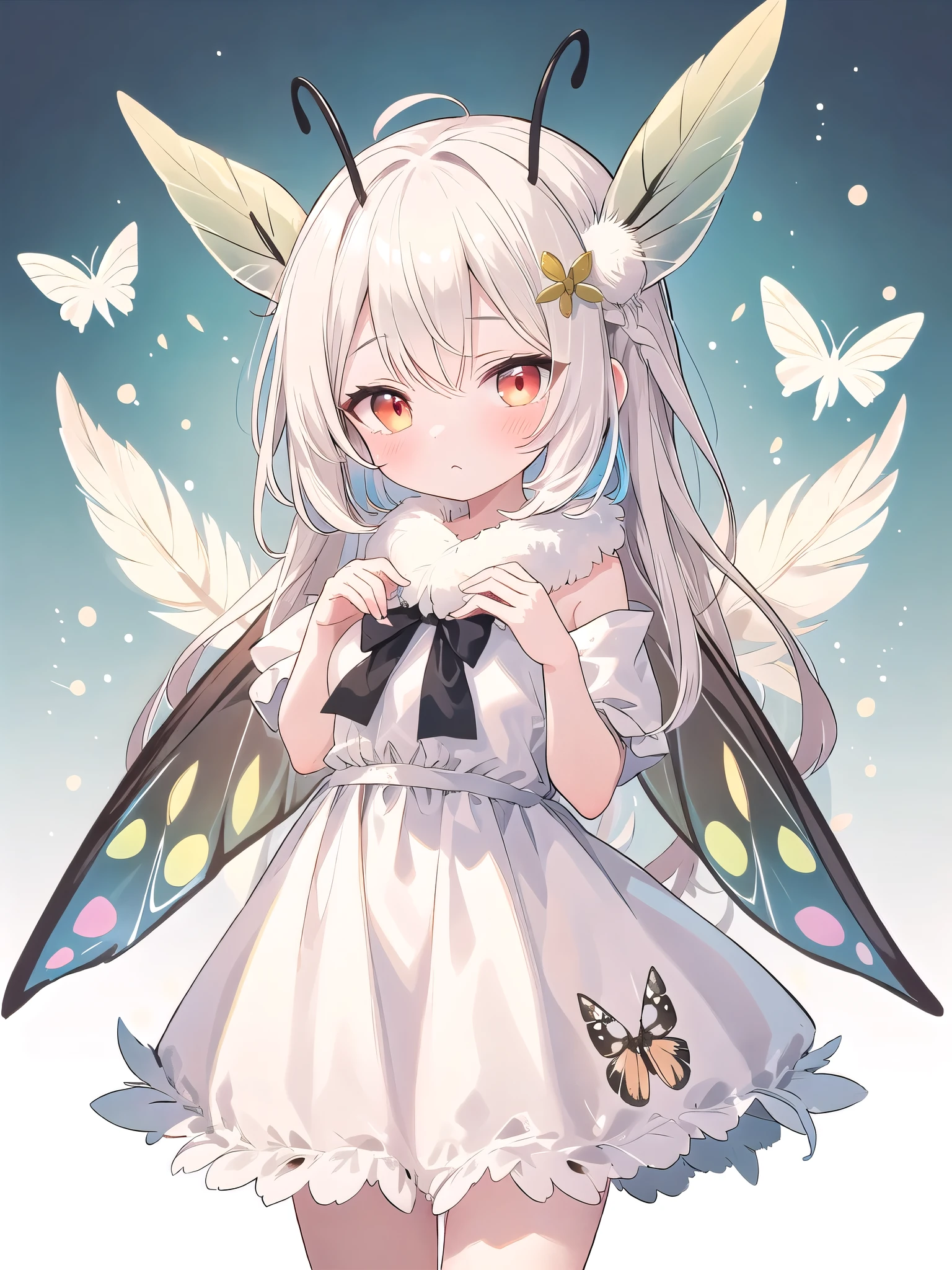 mothgirlcpt, moth antennae, moth wings, 独奏, 1girl, drooping tactile sensation、cute、fluffy、Light production、Silkworm moth,((beautiful feathers)),Colorful background