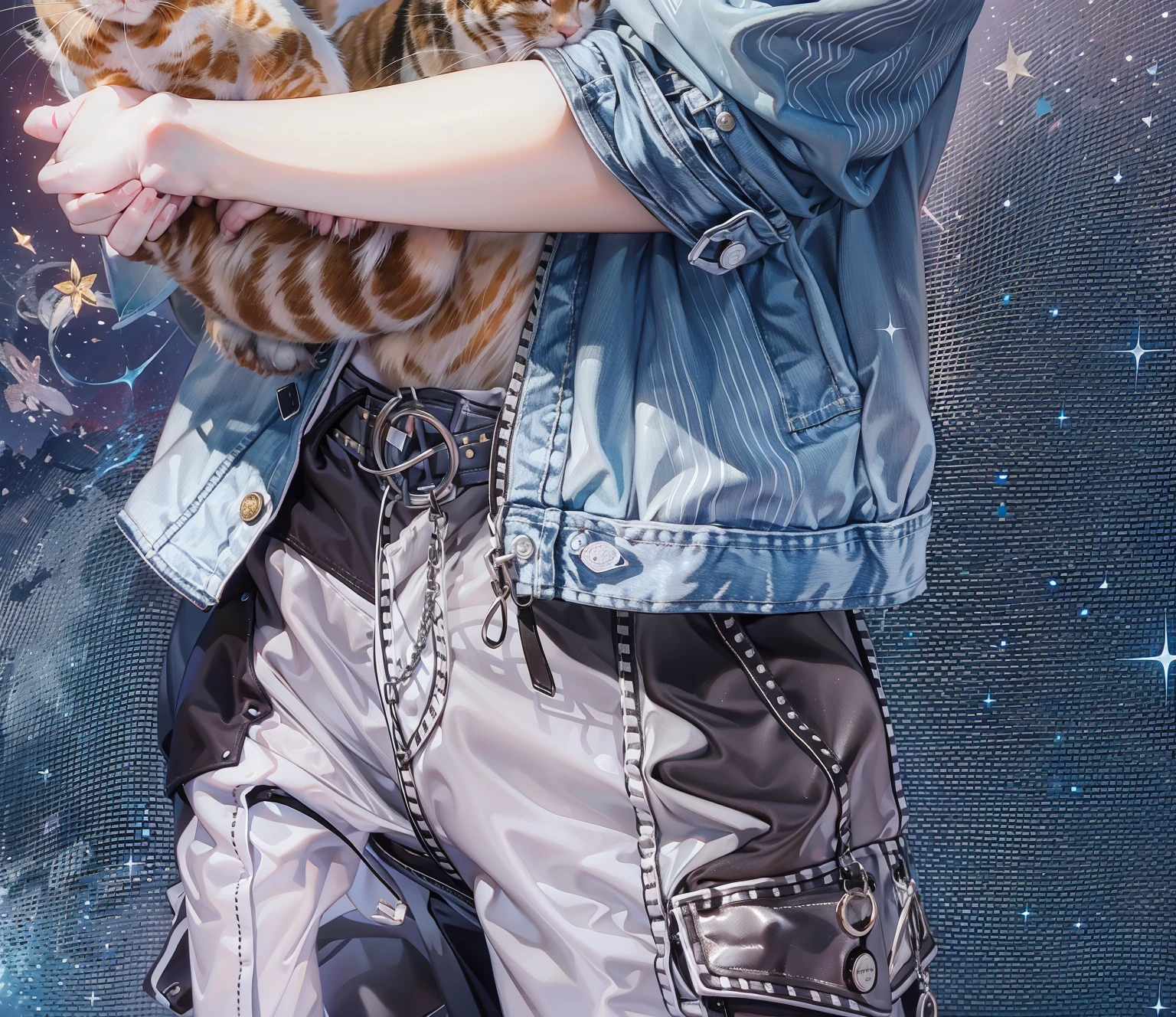 (((Holding orange short-legged cat in hand，Correct anatomy)))，((Highest quality，masterpiece，Gray short sleeves，Light blue denim gray hooded jacket，Black and gray long and wide cargo pants))，starry sky galaxy background