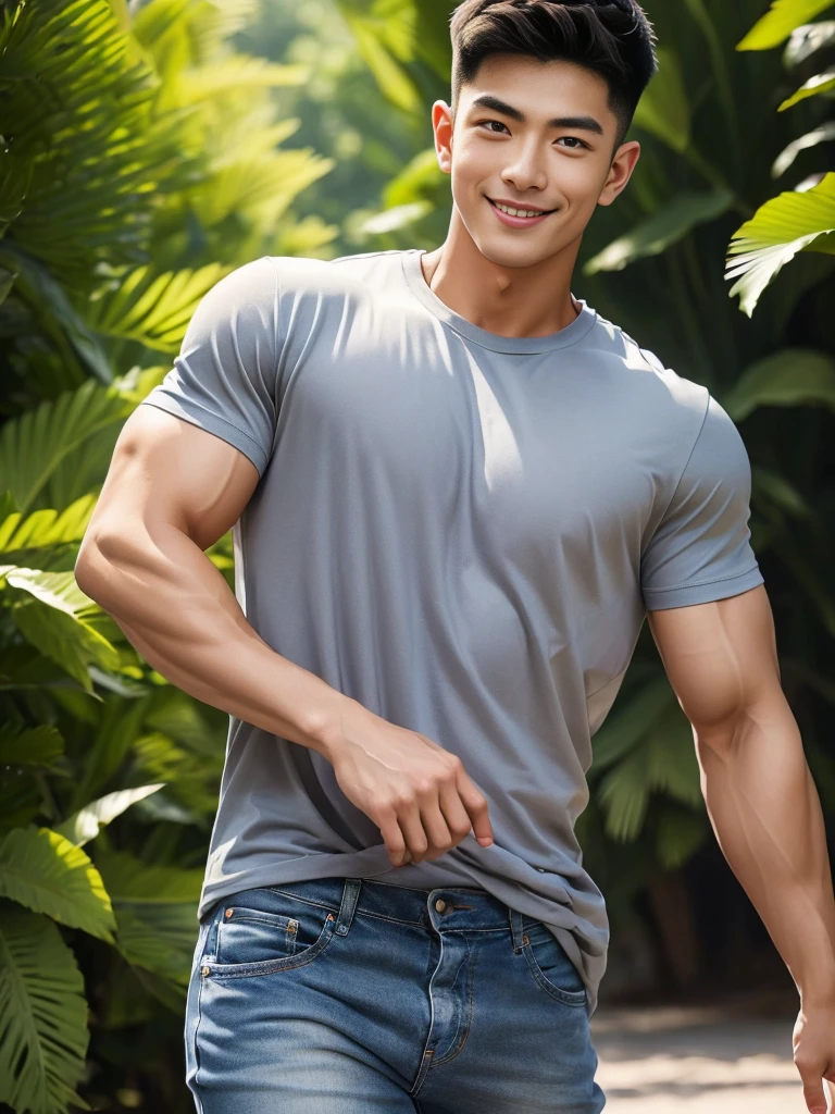 man , gray t-shirt jeans, black short hair , outdoor , cute smile , หน้าhandsomeแบบเกาหลีสมจริง , modest muscles , Masterpiece、High resolution、Surreal、detailed face、alone、man、Glowing skin、(Asia)、handsome、Detailed background