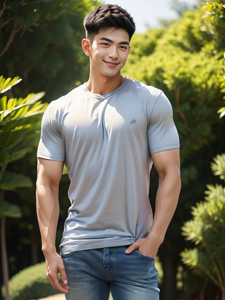 man , gray t-shirt jeans, black short hair , outdoor , cute smile , หน้าhandsomeแบบเกาหลีสมจริง , modest muscles , Masterpiece、High resolution、Surreal、detailed face、alone、man、Glowing skin、(Asia)、handsome、Detailed background