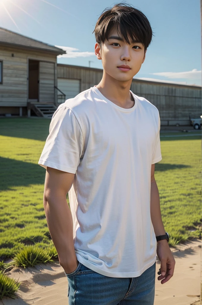 A young Asian man stands, handsome, muscular, looking at the camera. In a simple black t-shirt, Fieldside, grass, beach, sunlight