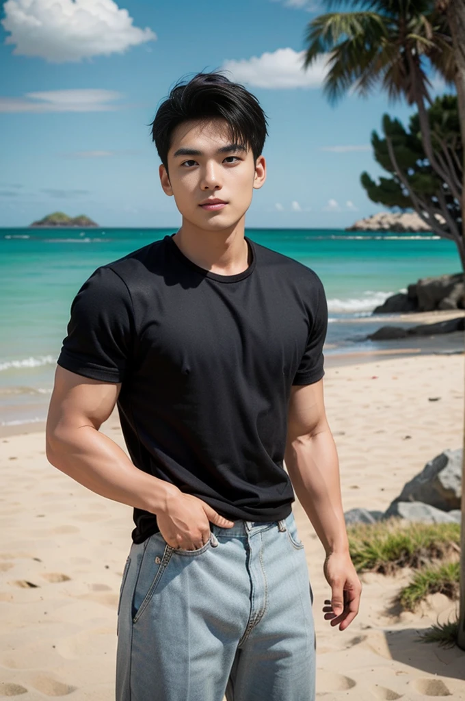 A young Asian man stands, handsome, muscular, looking at the camera. In a simple black t-shirt, Fieldside, grass, beach, sunlight