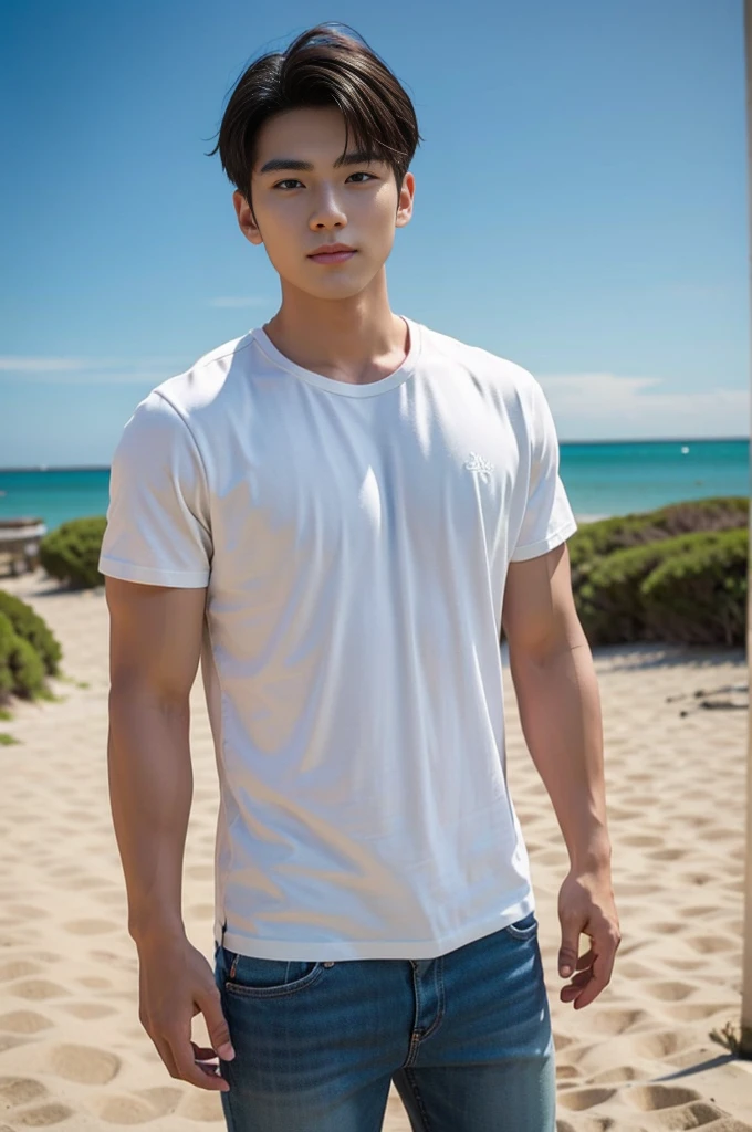 A young Asian man stands, handsome, muscular, looking at the camera. In a simple black t-shirt, Fieldside, grass, beach, sunlight
