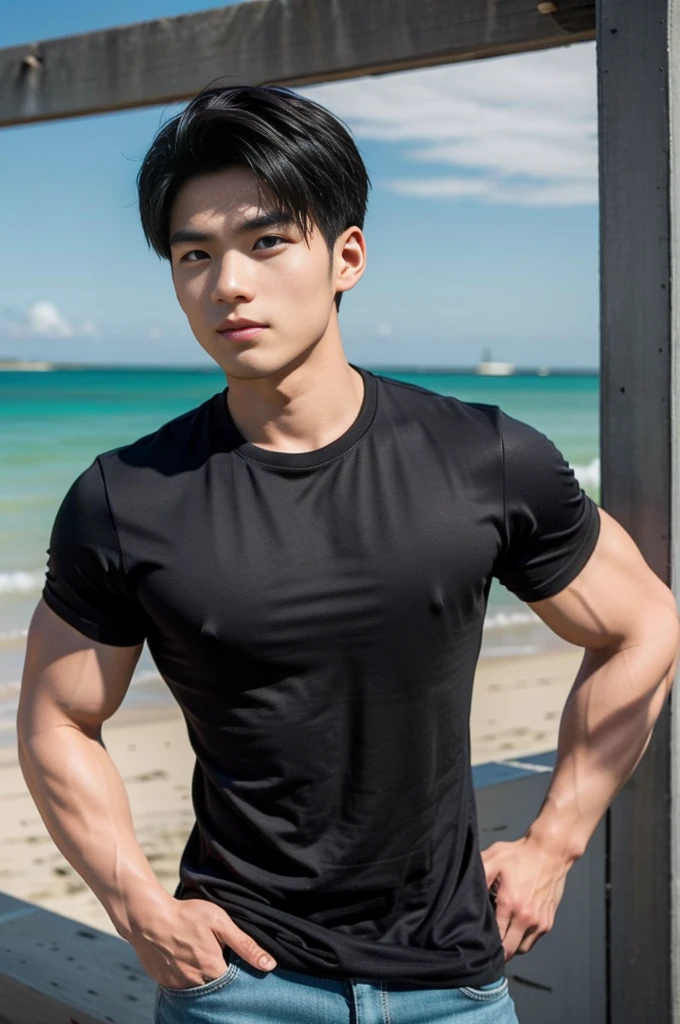 A young Asian man stands, handsome, muscular, looking at the camera. In a simple black t-shirt, Fieldside, grass, beach, sunlight