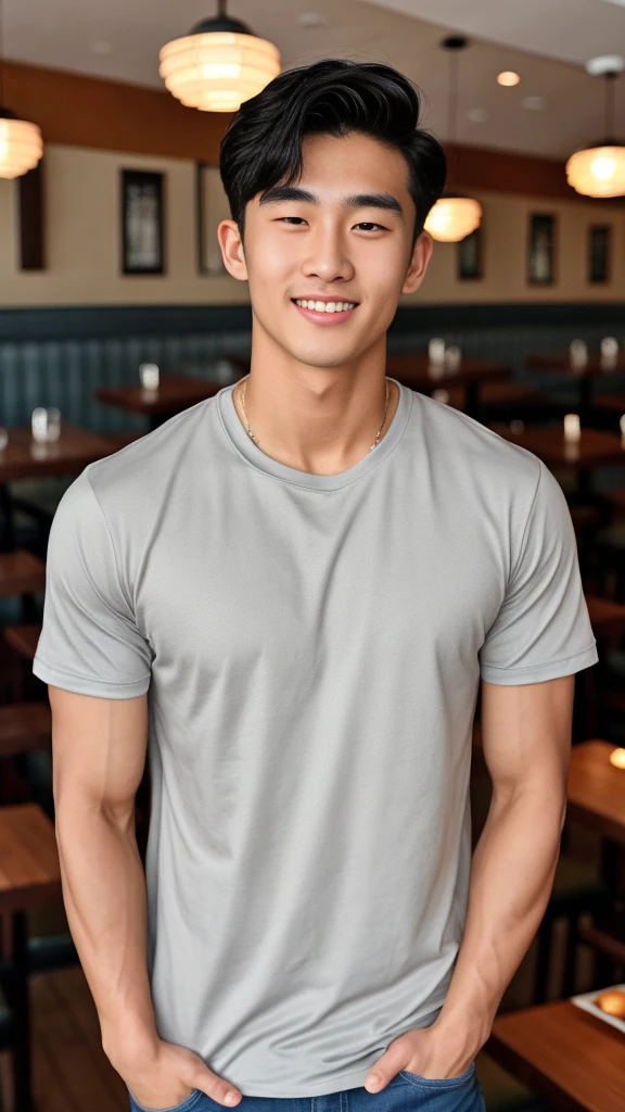 single: 1.5, (ที่TRUEแล้ว, Masterpiece, 8k HD, good light quality, sportswear, to fit the face, complicated details), A handsome Korean man with muscular arms.. , 20 years old, be happy, smile brightly, detailed face, delicate eyes, look at the sky, Wearing a tight gray t-shirt:1.6 ,Wear a denim coat.., Jeans era, black eyes, Black hair color, ผมsmooth, smooth，SurTRUE，Excellent details，Highest quality，TRUE，Open your mouth to talk.. , Close your eyes.., (Standing in a restaurant:1.5)