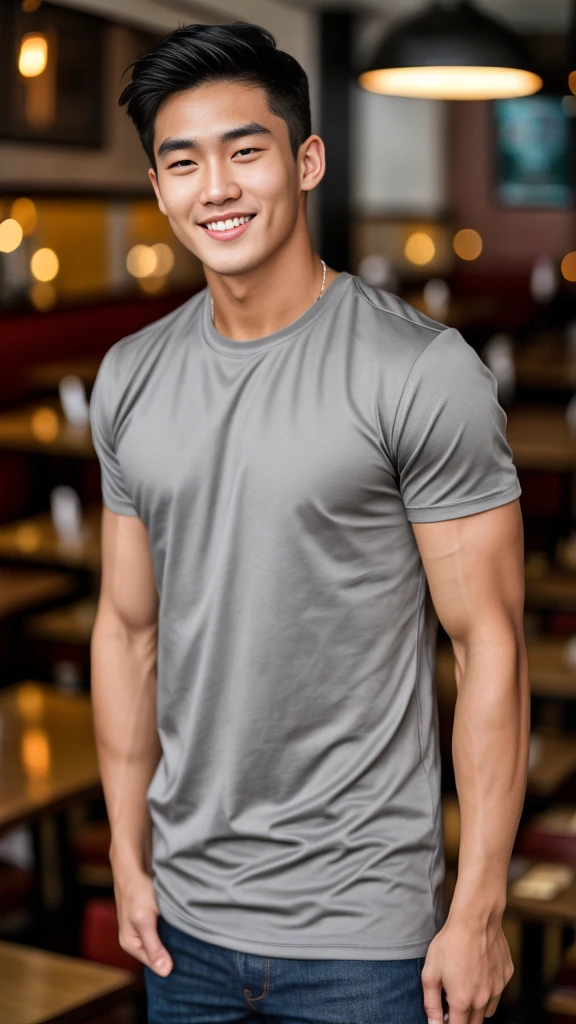single: 1.5, (ที่TRUEแล้ว, Masterpiece, 8k HD, good light quality, sportswear, to fit the face, complicated details), A handsome Korean man with muscular arms.. , 20 years old, be happy, smile brightly, detailed face, delicate eyes, look at the sky, Wearing a tight gray t-shirt:1.6 ,Wear a denim coat.., Jeans era, black eyes, Black hair color, ผมsmooth, smooth,SurTRUE,Excellent details,Highest quality,TRUE,Open your mouth to talk.. , Close your eyes.., (Standing in a restaurant:1.5)