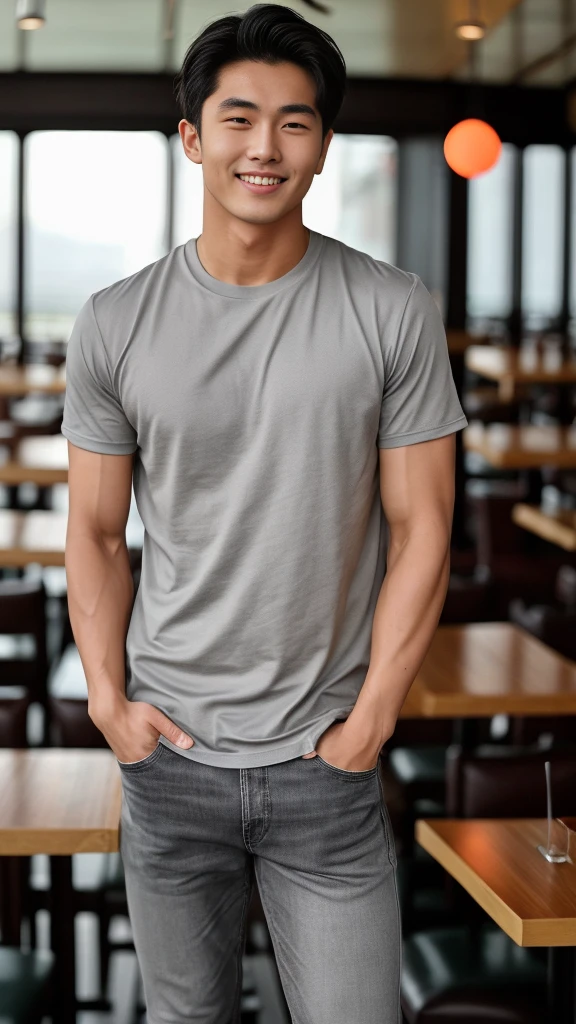 single: 1.5, (ที่TRUEแล้ว, Masterpiece, 8k HD, good light quality, sportswear, to fit the face, complicated details), A handsome Korean man with muscular arms.. , 20 years old, be happy, smile brightly, detailed face, delicate eyes, look at the sky, Wearing a tight gray t-shirt:1.6 ,Wear a denim coat.., Jeans era, black eyes, Black hair color, ผมsmooth, smooth,SurTRUE,Excellent details,Highest quality,TRUE,Open your mouth to talk.. , Close your eyes.., (Standing in a restaurant:1.5)